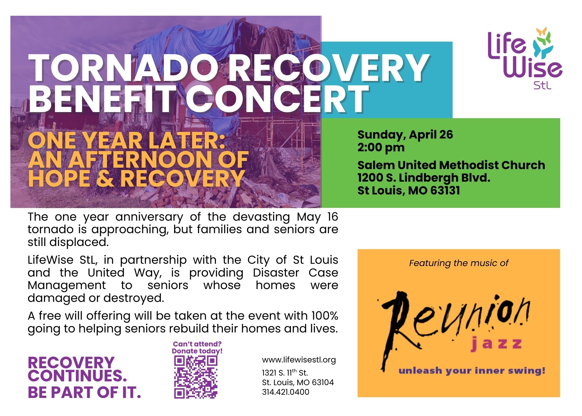 One year later tornado recovery benefit concert by reunion jazz benefiting lifewise stl seniors April 2026